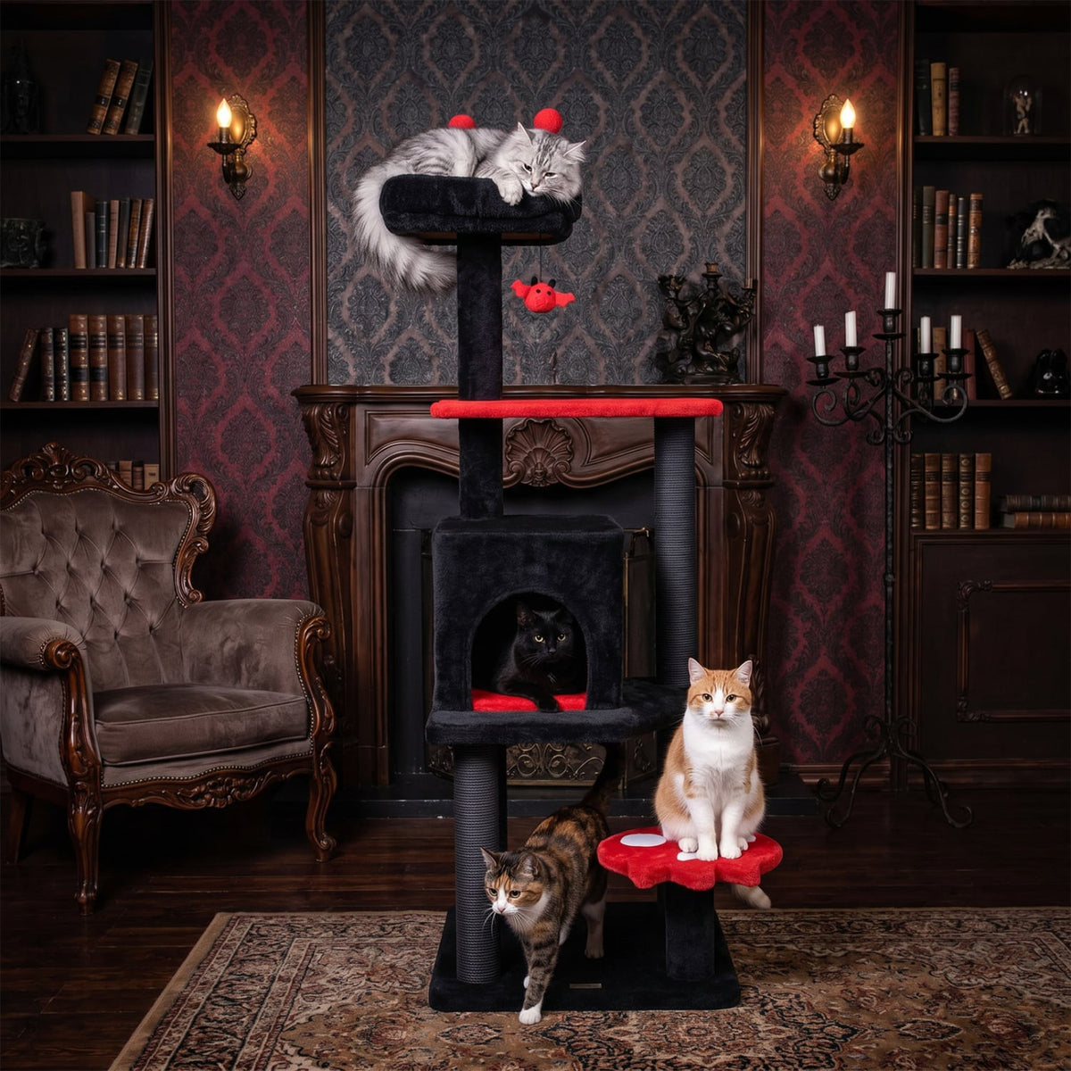 57 inches Spooky Cat Tower with Padded Perch and Spider-shaped Hanging Toy-Red view 6