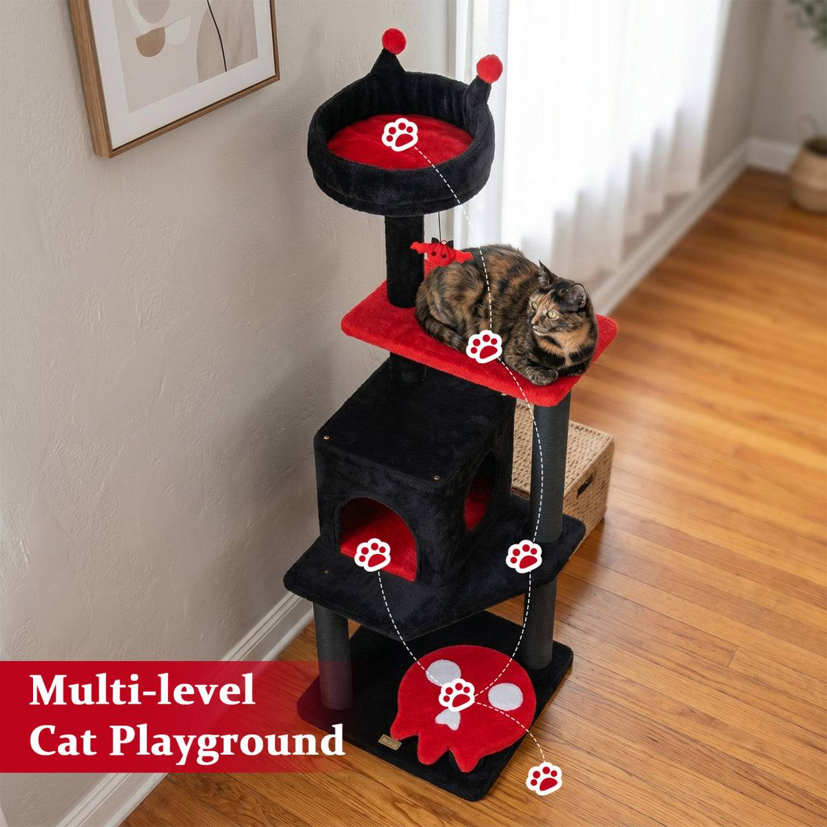 57 inches Spooky Cat Tower with Padded Perch and Spider-shaped Hanging Toy-Red view 7