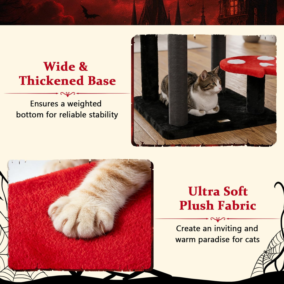 57 inches Spooky Cat Tower with Padded Perch and Spider-shaped Hanging Toy-Red view 8