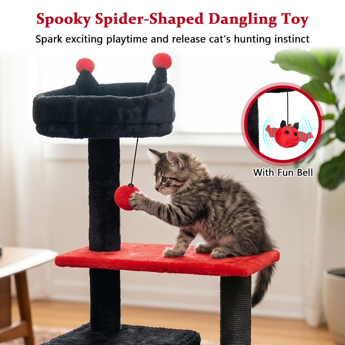 57 inches Spooky Cat Tower with Padded Perch and Spider-shaped Hanging Toy-Red view 9