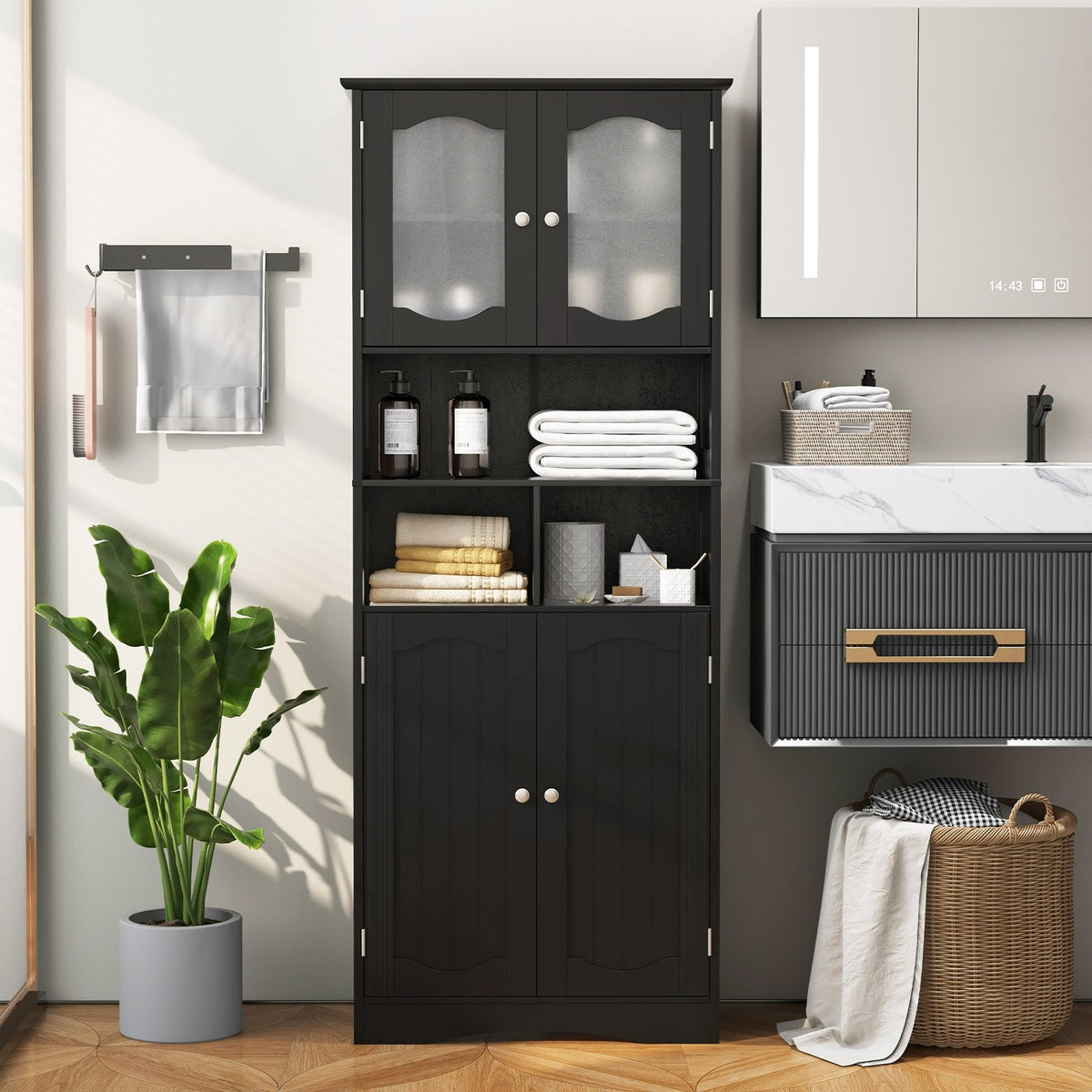 58.5 Inch Freestanding Linen Bathroom Storage Cabinet with Frost Glass Doors-Black view 2