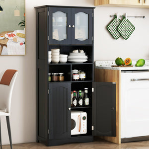 58.5 Inch Freestanding Linen Bathroom Storage Cabinet with Frost Glass Doors-Black view 3