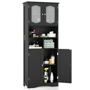 58.5 Inch Freestanding Linen Bathroom Storage Cabinet with Frost Glass Doors-Black view 4