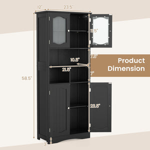 58.5 Inch Freestanding Linen Bathroom Storage Cabinet with Frost Glass Doors-Black view 5