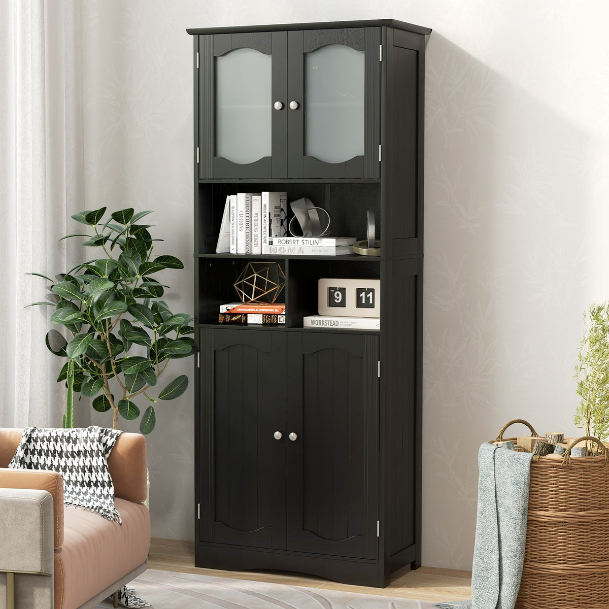 58.5 Inch Freestanding Linen Bathroom Storage Cabinet with Frost Glass Doors-Black view 6