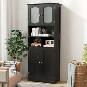 58.5 Inch Freestanding Linen Bathroom Storage Cabinet with Frost Glass Doors-Black view 6