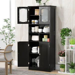 58.5 Inch Freestanding Linen Bathroom Storage Cabinet with Frost Glass Doors-Black view 7