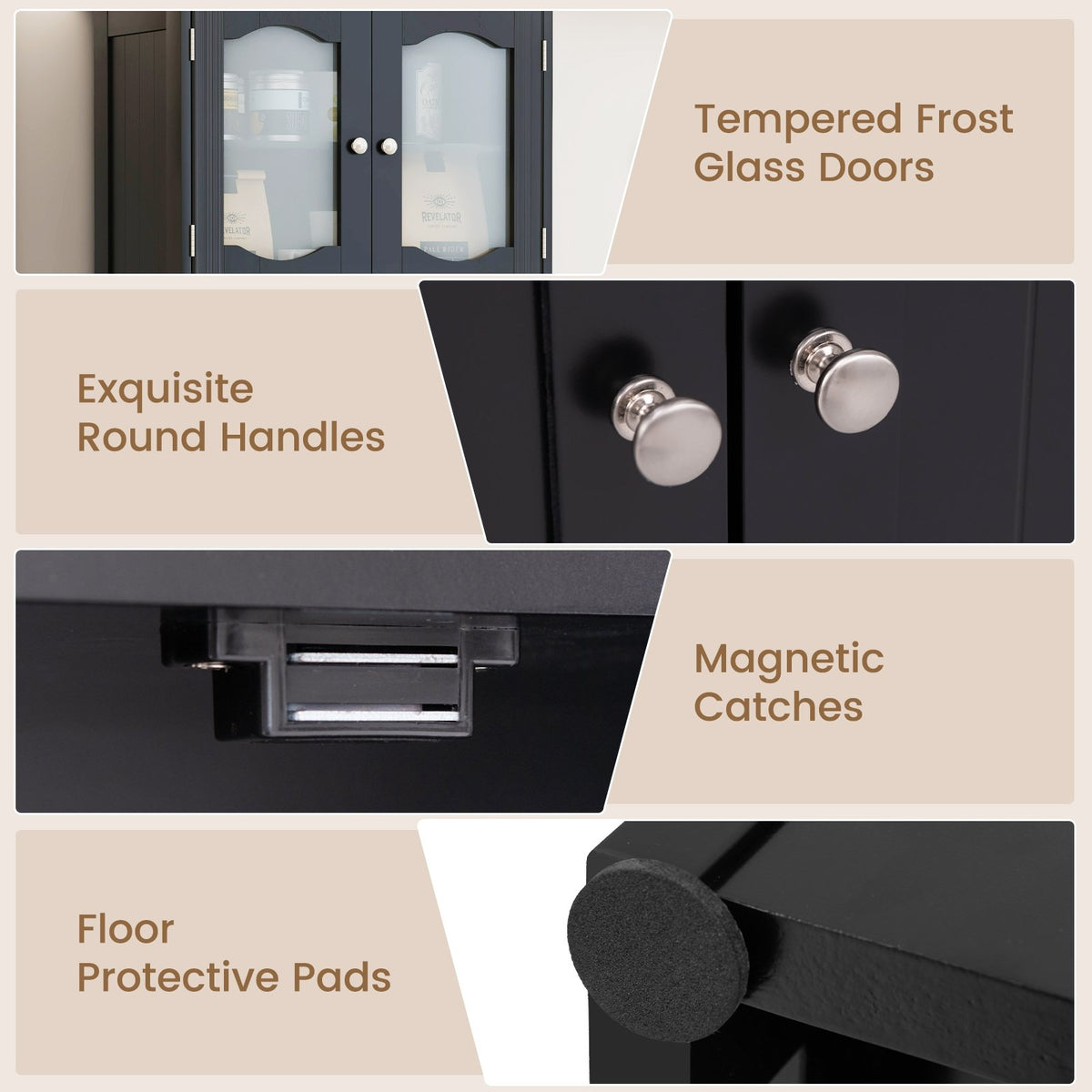 58.5 Inch Freestanding Linen Bathroom Storage Cabinet with Frost Glass Doors-Black view 8