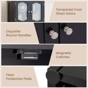 58.5 Inch Freestanding Linen Bathroom Storage Cabinet with Frost Glass Doors-Black view 8