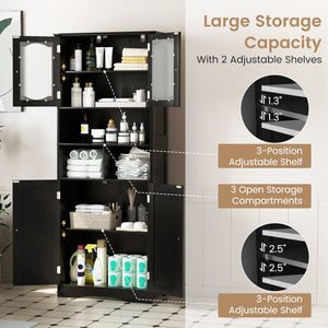 58.5 Inch Freestanding Linen Bathroom Storage Cabinet with Frost Glass Doors-Black view 9