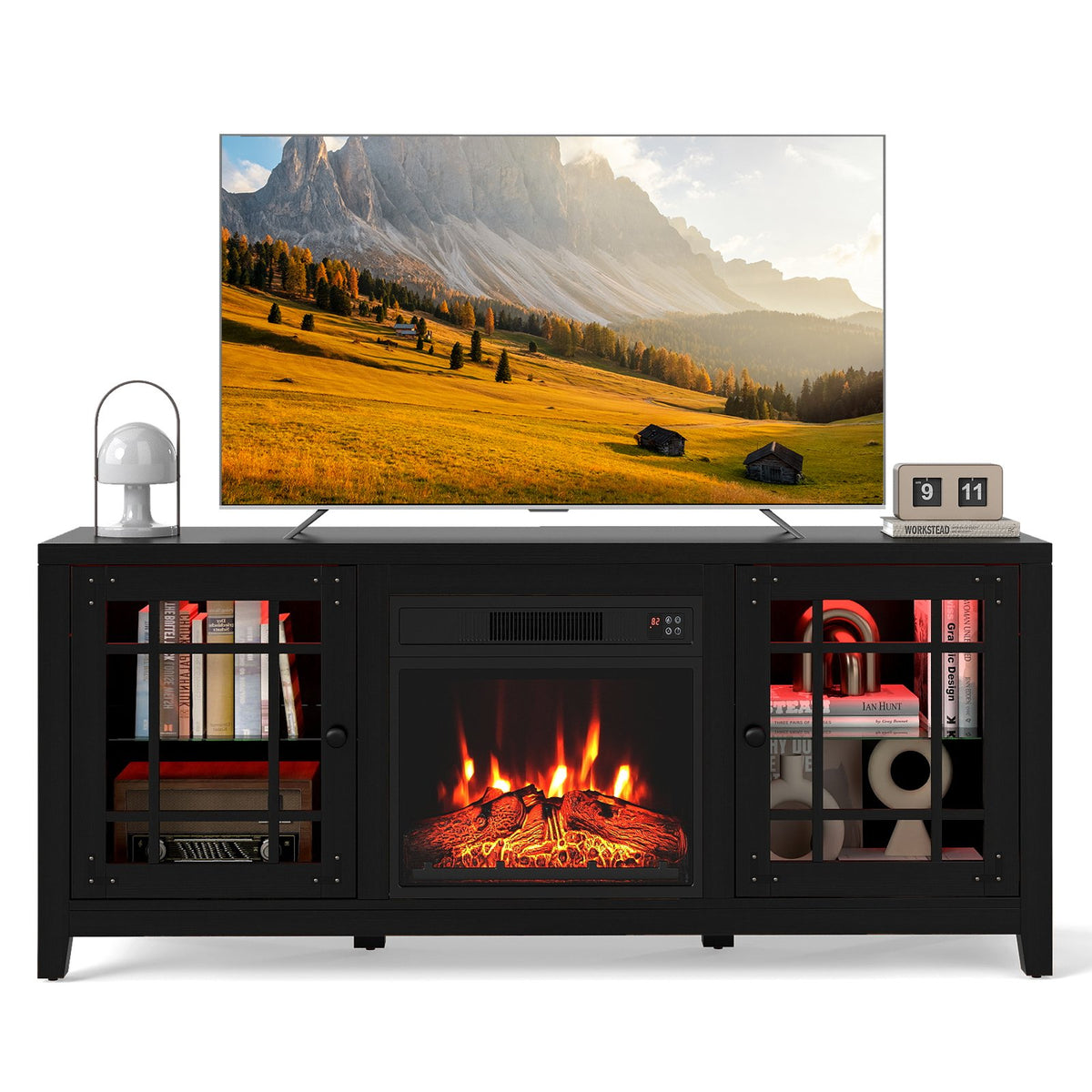 58 inches Fireplace TV Stand with LED Lights and 18 inches Electric Fireplace-Black