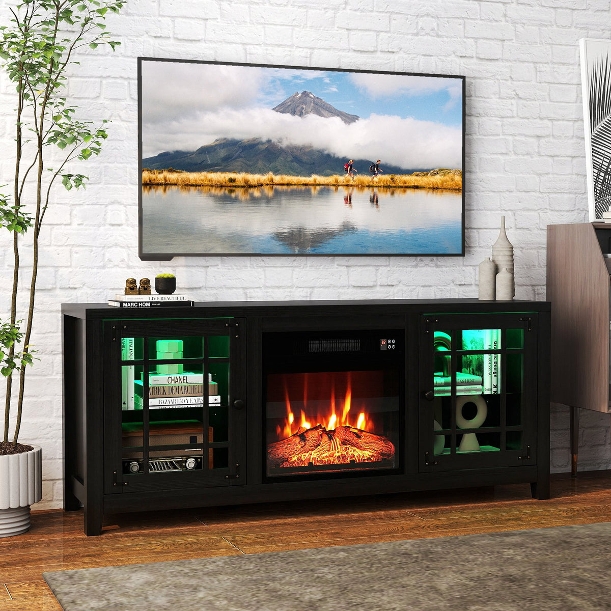 58 inches Fireplace TV Stand with LED Lights and 18 inches Electric Fireplace-Black view 2