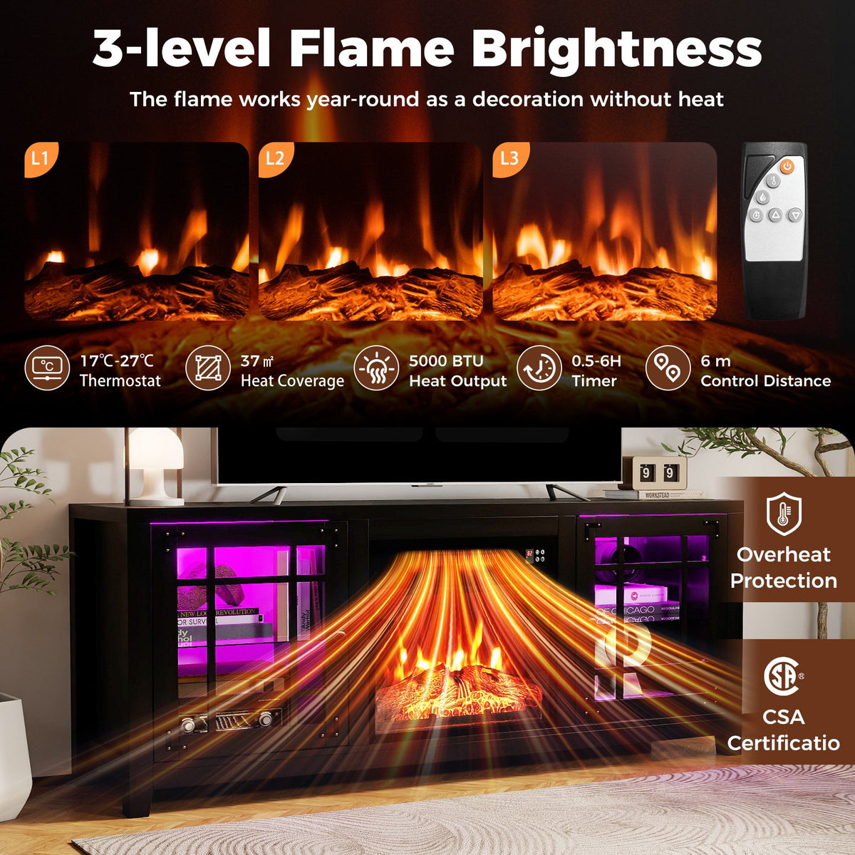 58 inches Fireplace TV Stand with LED Lights and 18 inches Electric Fireplace-Black view 8