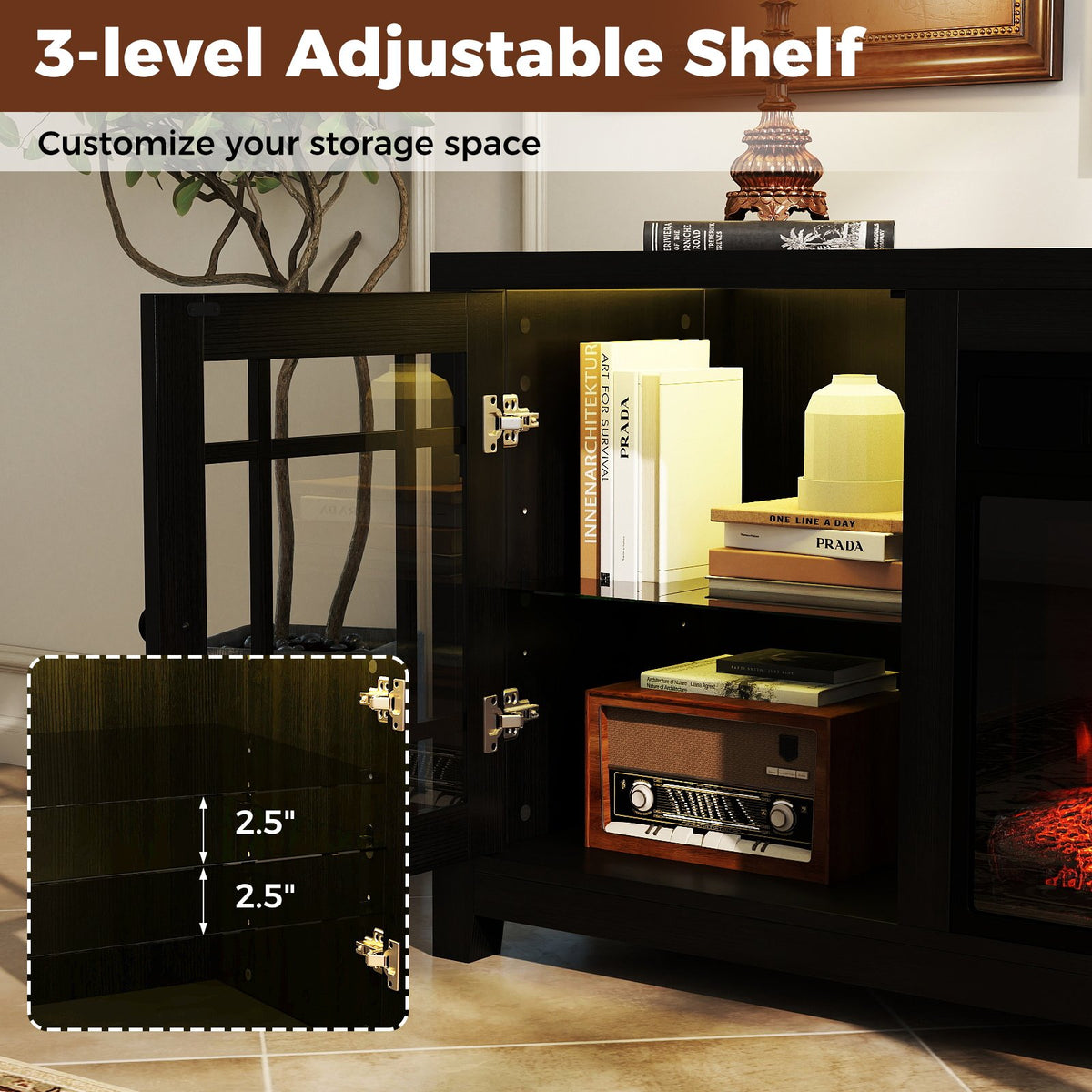 58 inches Fireplace TV Stand with LED Lights and 18 inches Electric Fireplace-Black view 9