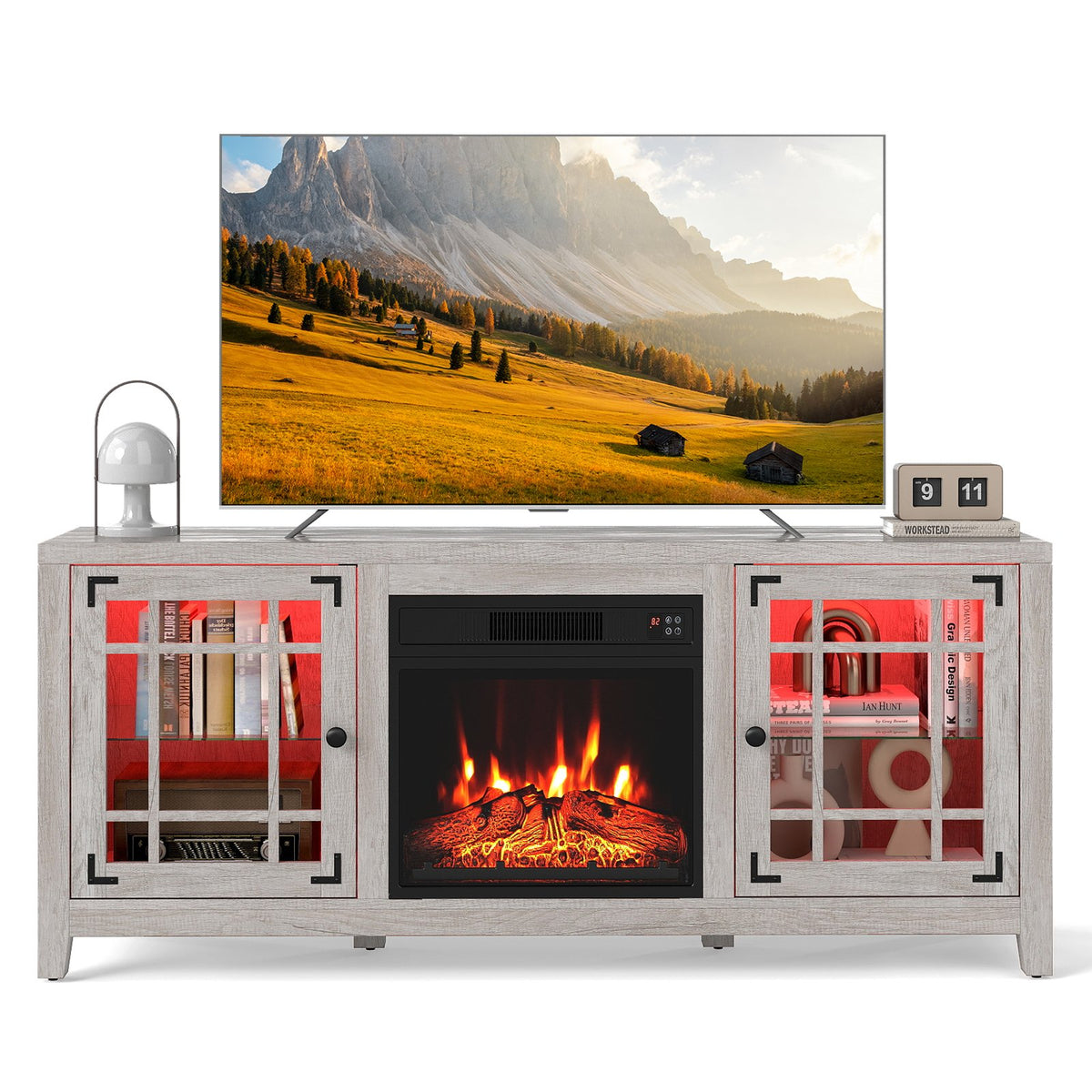 58 inches Fireplace TV Stand with LED Lights and 18 inches Electric Fireplace-Natural
