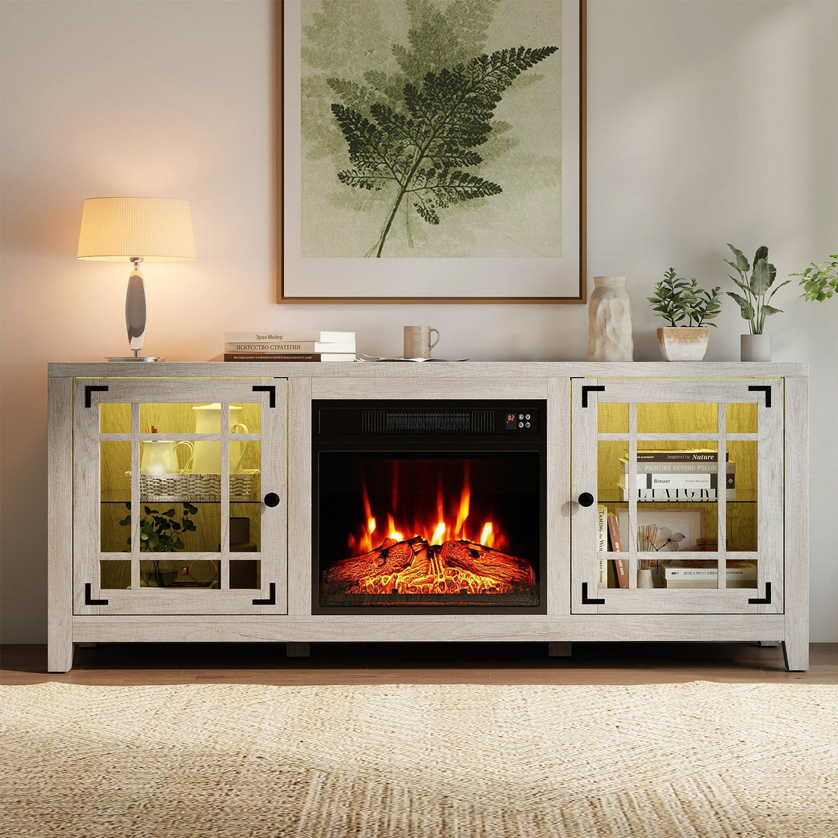 58 inches Fireplace TV Stand with LED Lights and 18 inches Electric Fireplace-Natural view 3