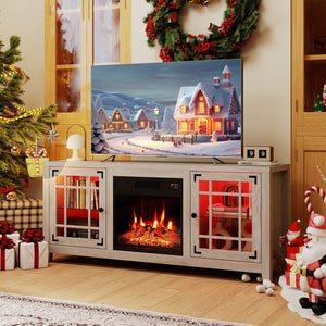 58 inches Fireplace TV Stand with LED Lights and 18 inches Electric Fireplace-Natural view 6