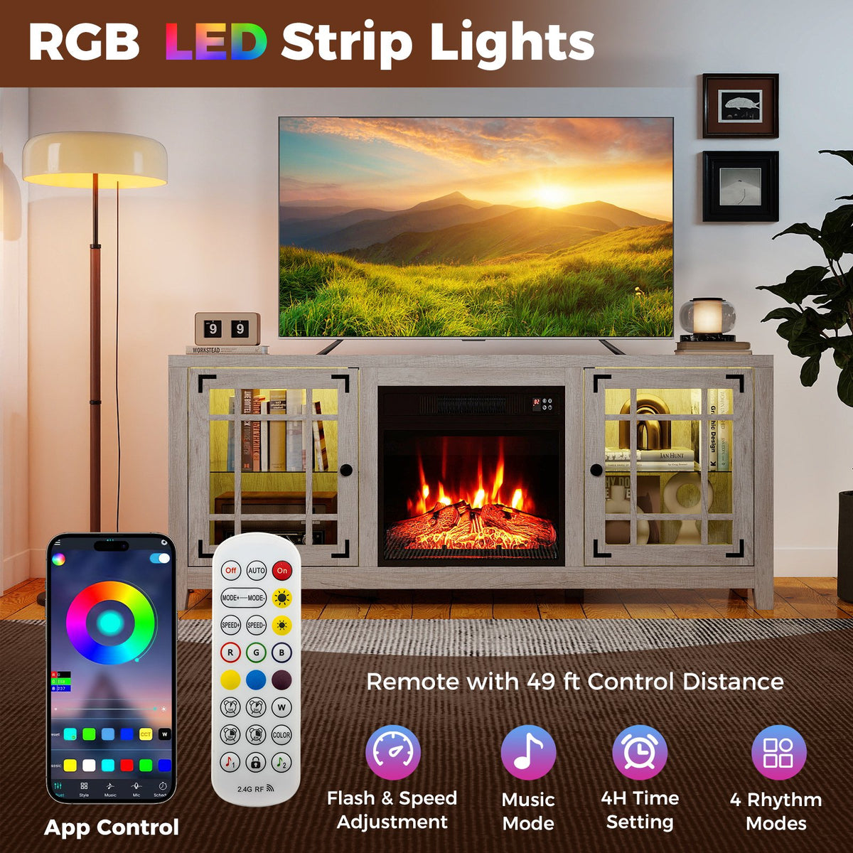 58 inches Fireplace TV Stand with LED Lights and 18 inches Electric Fireplace-Natural view 7