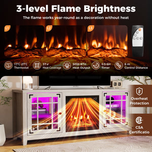 58 inches Fireplace TV Stand with LED Lights and 18 inches Electric Fireplace-Natural view 8