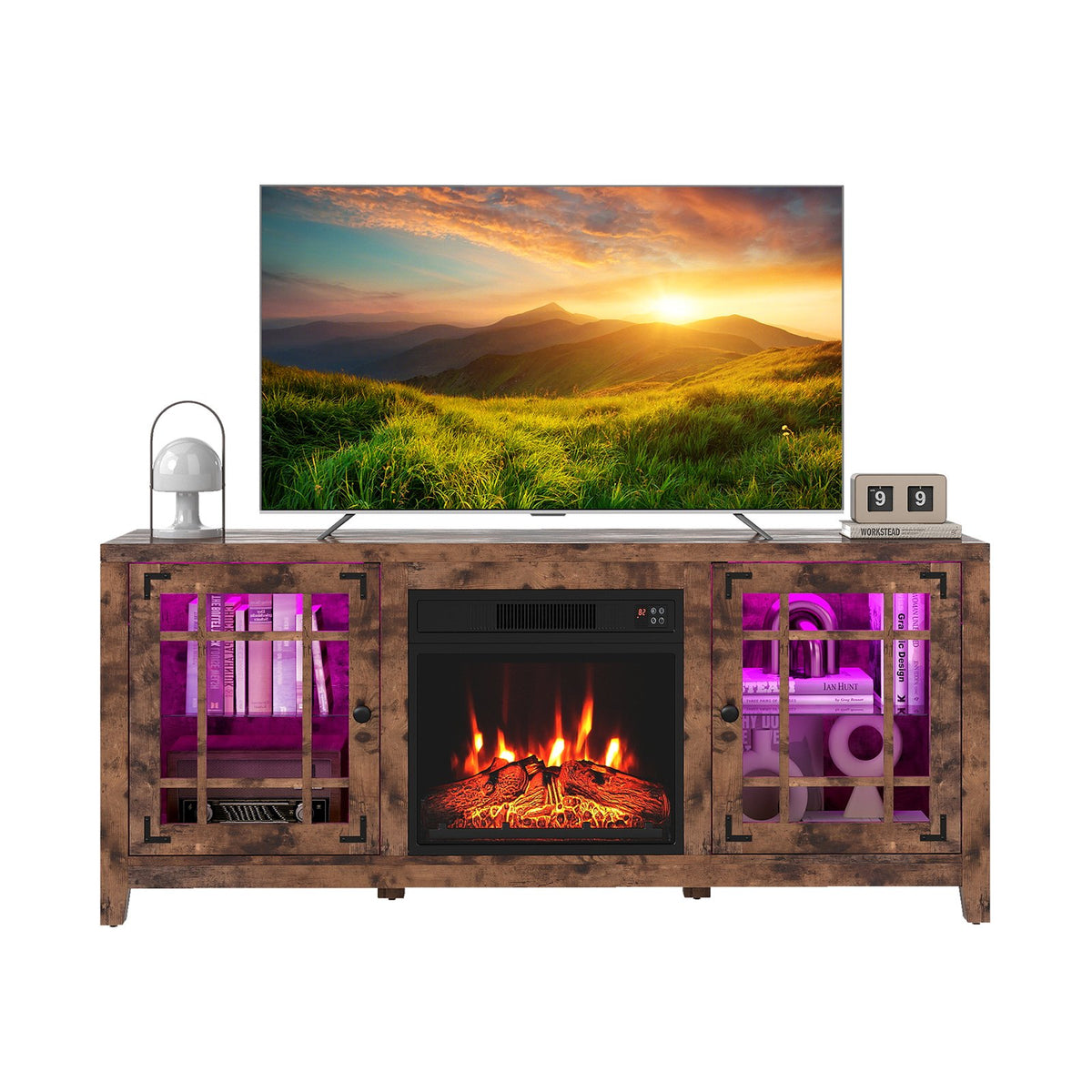 58 inches Fireplace TV Stand with LED Lights and 18 inches Electric Fireplace-Rustic Brown
