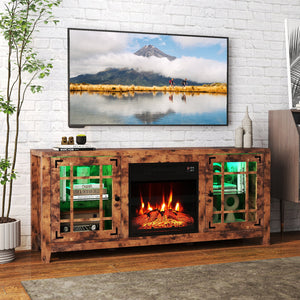 58 inches Fireplace TV Stand with LED Lights and 18 inches Electric Fireplace-Rustic Brown view 2