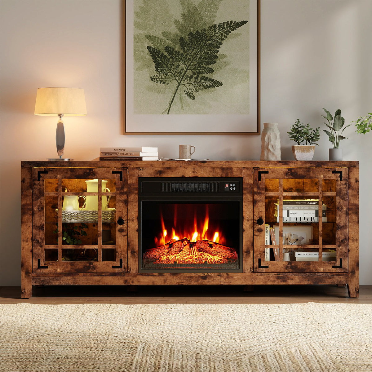 58 inches Fireplace TV Stand with LED Lights and 18 inches Electric Fireplace-Rustic Brown view 3