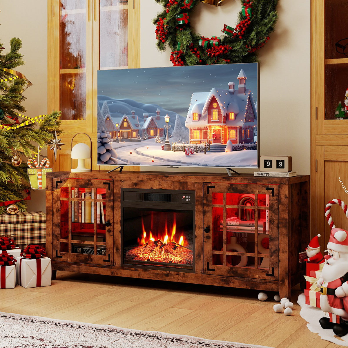 58 inches Fireplace TV Stand with LED Lights and 18 inches Electric Fireplace-Rustic Brown view 6