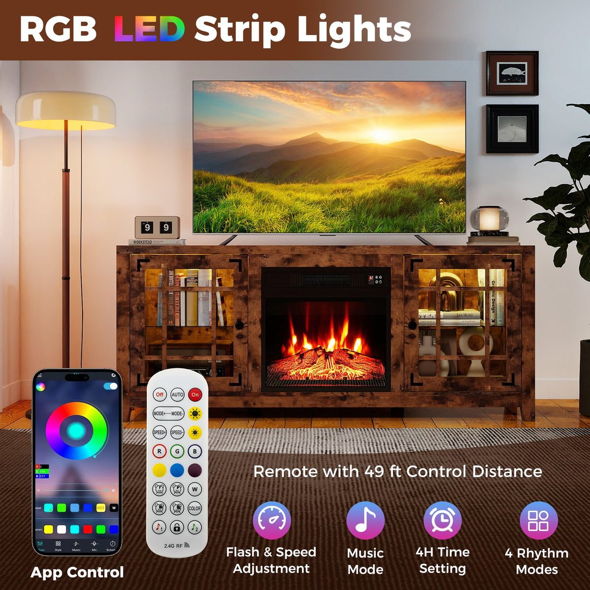 58 inches Fireplace TV Stand with LED Lights and 18 inches Electric Fireplace-Rustic Brown view 7