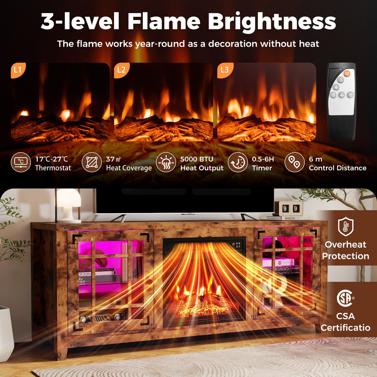 58 inches Fireplace TV Stand with LED Lights and 18 inches Electric Fireplace-Rustic Brown view 8