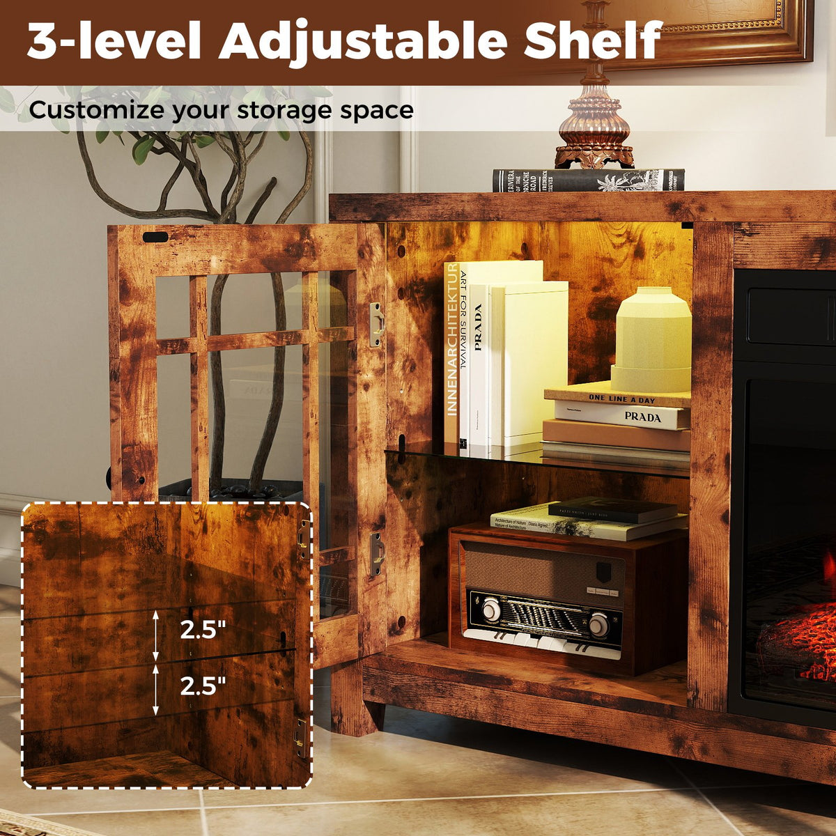 58 inches Fireplace TV Stand with LED Lights and 18 inches Electric Fireplace-Rustic Brown view 9