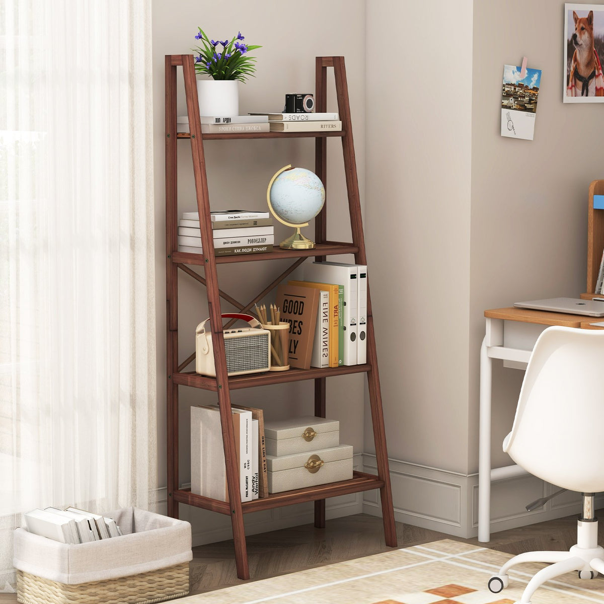 58 Inch 4-Tier Bamboo Ladder Bookshelf-Walnut view 2