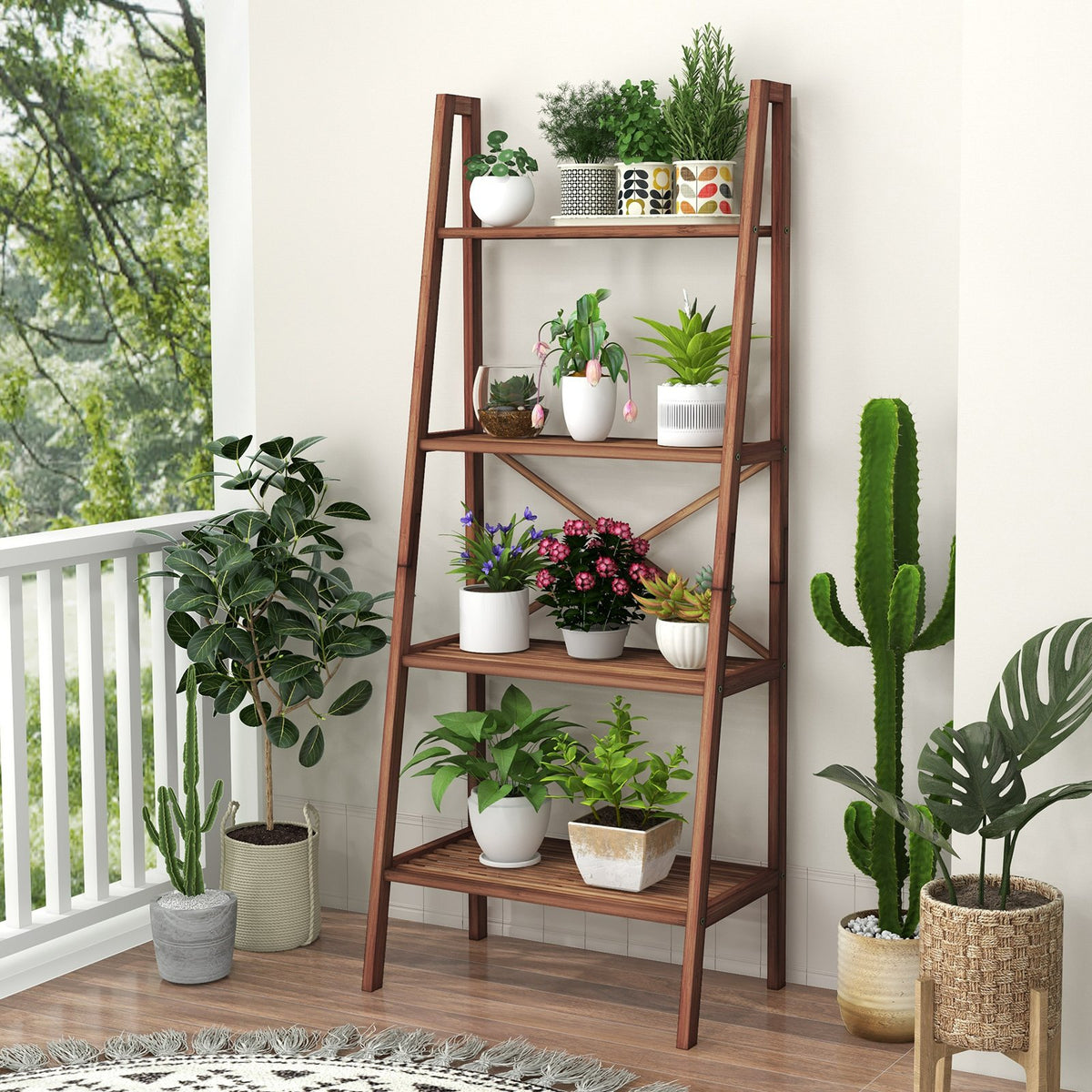58 Inch 4-Tier Bamboo Ladder Bookshelf-Walnut view 3
