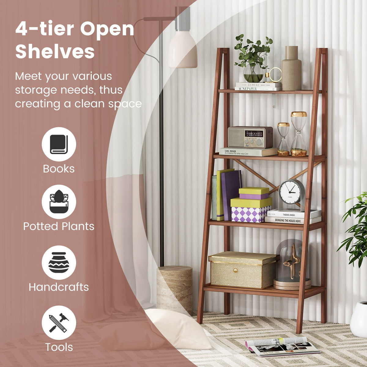58 Inch 4-Tier Bamboo Ladder Bookshelf-Walnut view 6