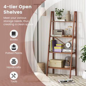 58 Inch 4-Tier Bamboo Ladder Bookshelf-Walnut view 6