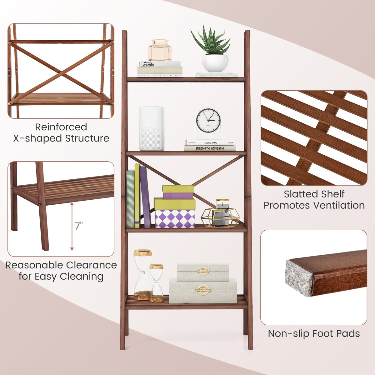 58 Inch 4-Tier Bamboo Ladder Bookshelf-Walnut view 9