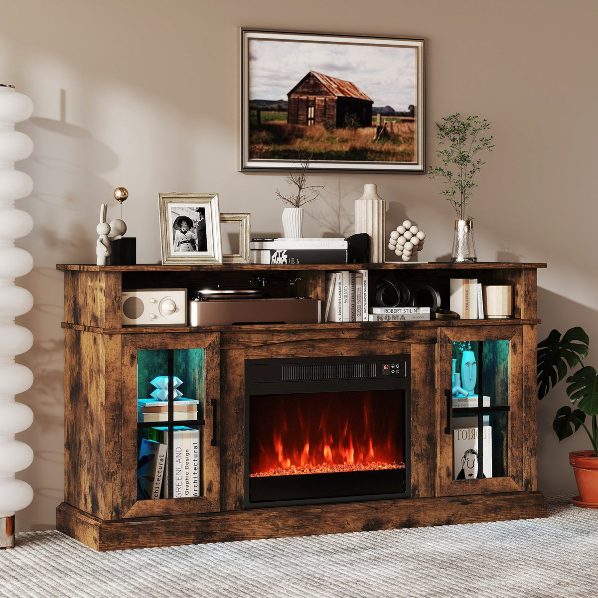 58 Inch Fireplace TV Stand with LED Lights with Storage Cabinets and Glass Doors-Rustic Brown view 2