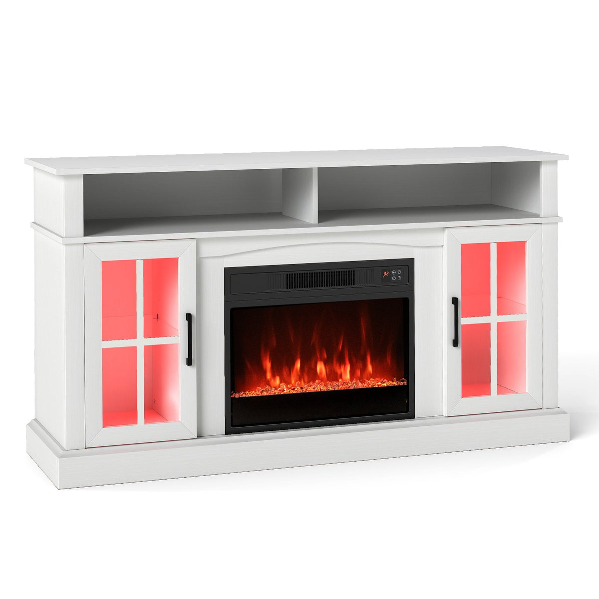58 Inch Fireplace TV Stand with LED Lights with Storage Cabinets and Glass Doors-White