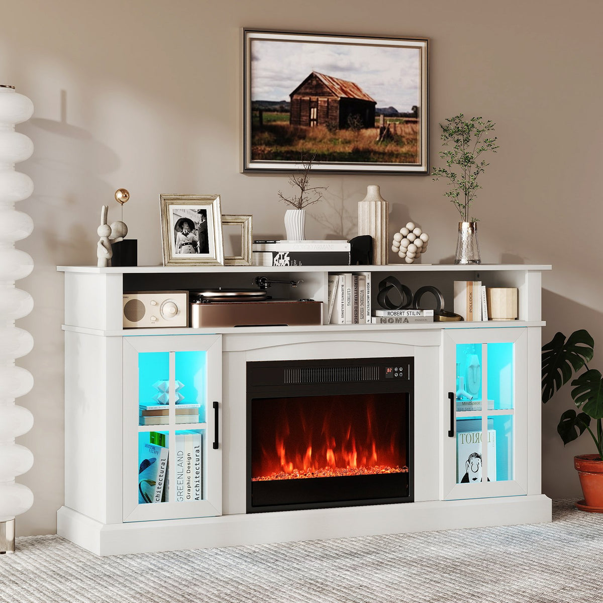 58 Inch Fireplace TV Stand with LED Lights with Storage Cabinets and Glass Doors-White view 2