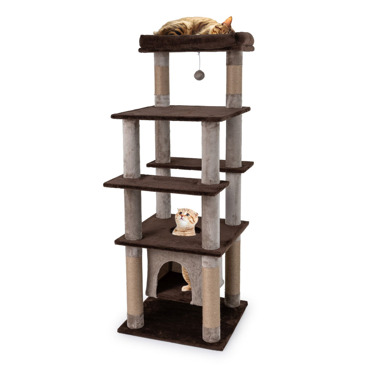 58 Inch Large Multi-level Cat Tree with Swaying Aerial Condo and Plush Perch Bed-Brown