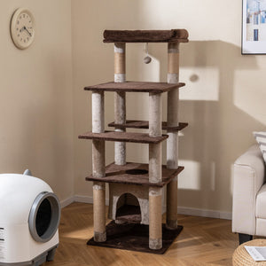 58 Inch Large Multi-level Cat Tree with Swaying Aerial Condo and Plush Perch Bed-Brown view 2