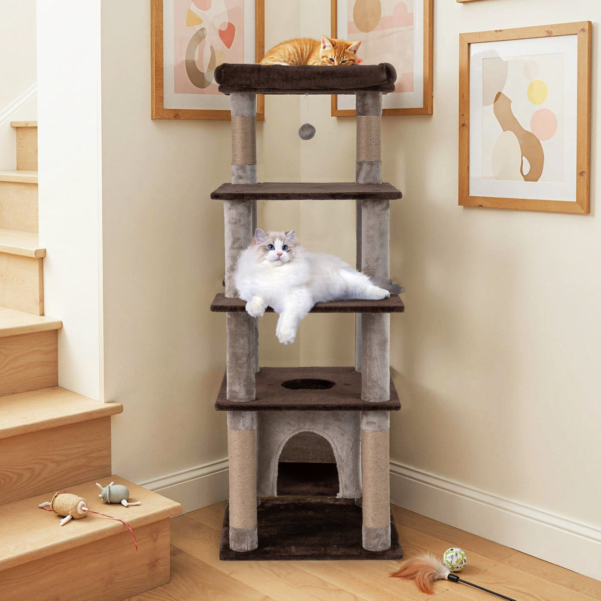 58 Inch Large Multi-level Cat Tree with Swaying Aerial Condo and Plush Perch Bed-Brown view 3