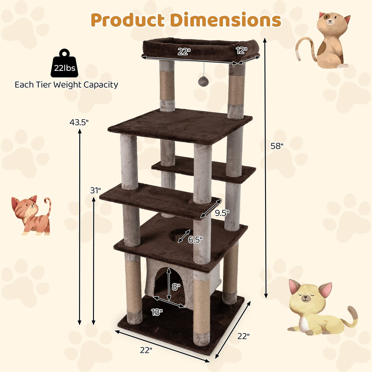 58 Inch Large Multi-level Cat Tree with Swaying Aerial Condo and Plush Perch Bed-Brown view 5