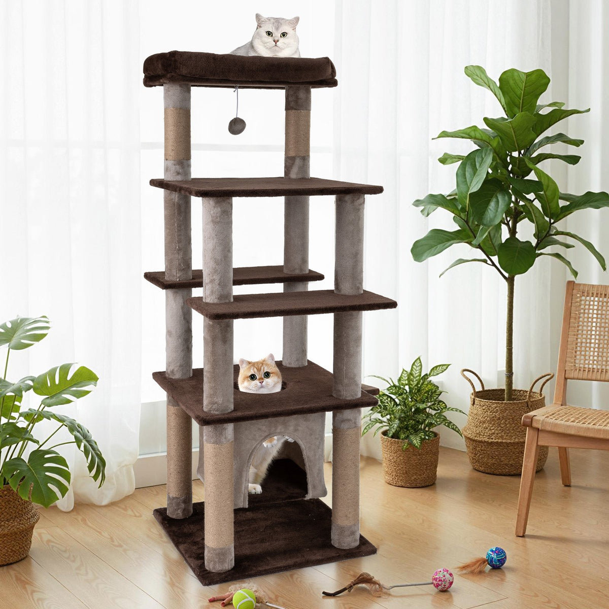 58 Inch Large Multi-level Cat Tree with Swaying Aerial Condo and Plush Perch Bed-Brown view 6