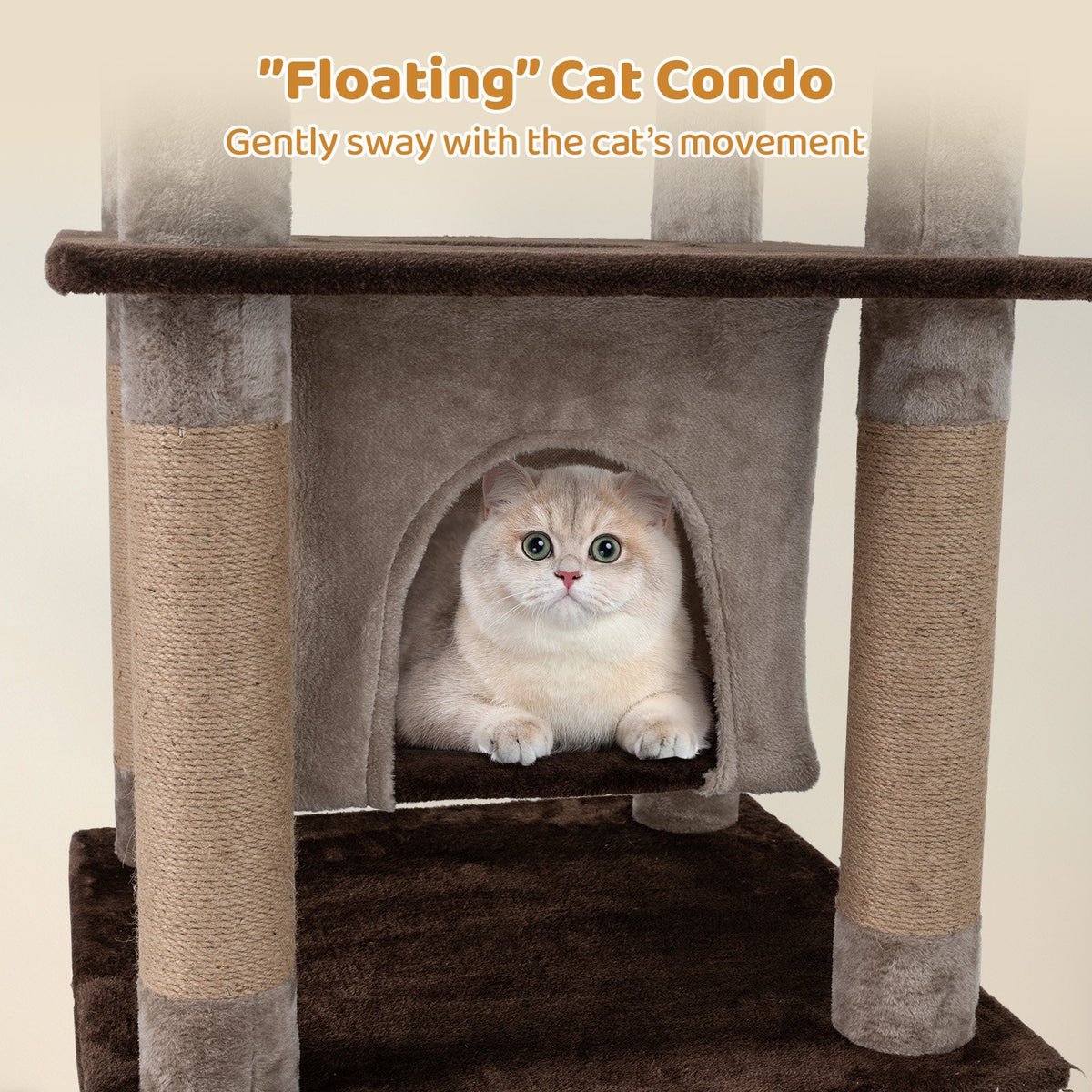58 Inch Large Multi-level Cat Tree with Swaying Aerial Condo and Plush Perch Bed-Brown view 7