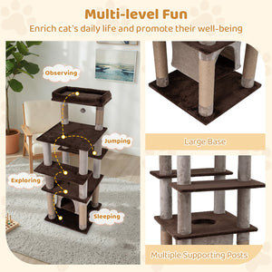 58 Inch Large Multi-level Cat Tree with Swaying Aerial Condo and Plush Perch Bed-Brown view 9