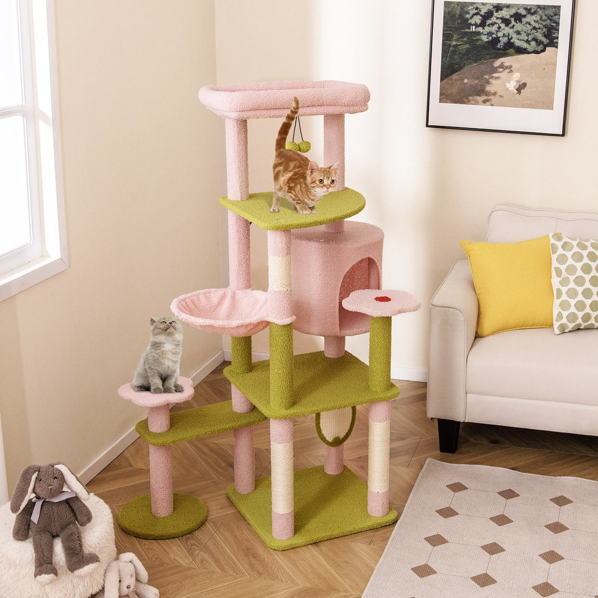 58 Inch Tall Multi-Level Cat Tree Aesthetic Floral Kitten Tower-Pink view 3