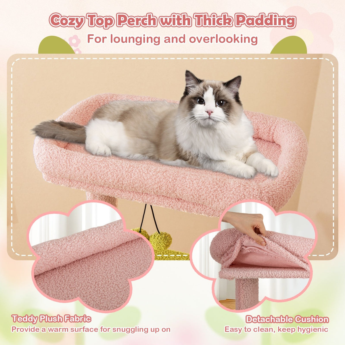 58 Inch Tall Multi-Level Cat Tree Aesthetic Floral Kitten Tower-Pink view 6