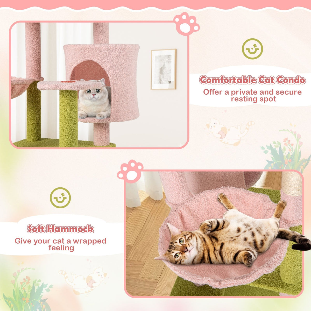58 Inch Tall Multi-Level Cat Tree Aesthetic Floral Kitten Tower-Pink view 7