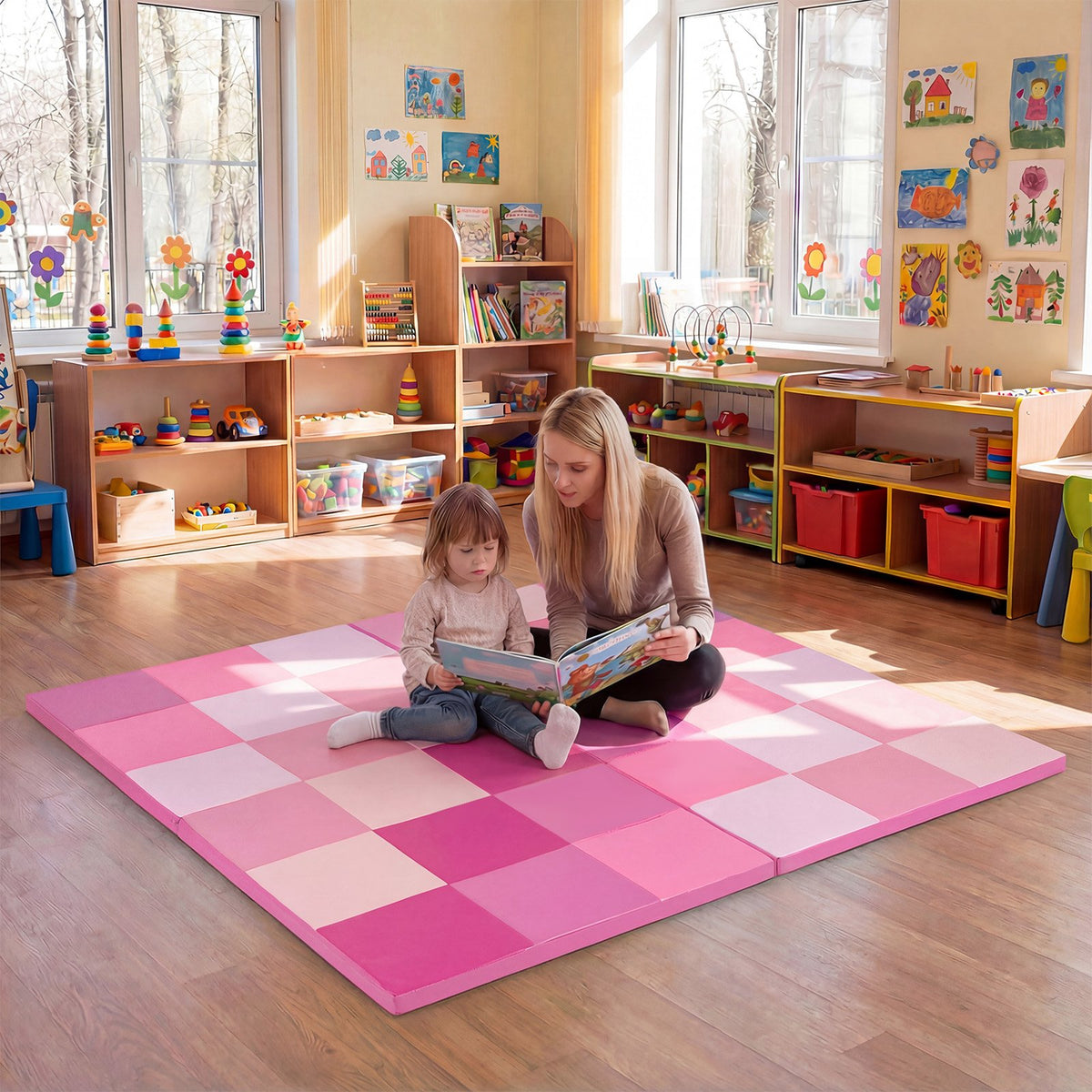 58 Inch Toddler Folding Activity Floor Mat Foam Baby Play Mat-Pink view 6