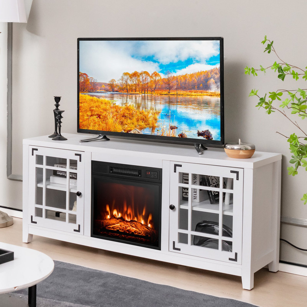 58 Inch Fireplace TV Stand with Adjustable Shelves for TVs up to 65 Inch-White view 2